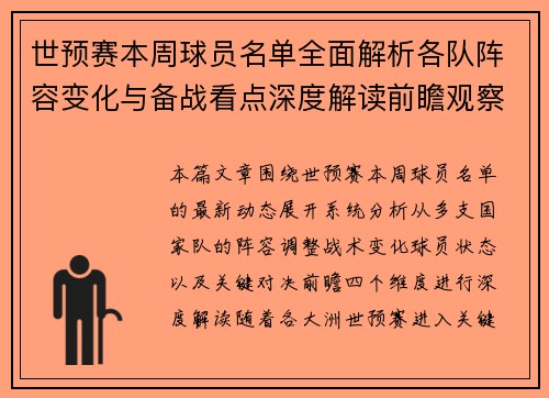 世预赛本周球员名单全面解析各队阵容变化与备战看点深度解读前瞻观察